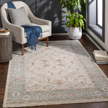 Living room scene with a Phyllis Thick Luxe Statement Rug, beige chair, wood floors, and a potted plant. Roomscene-Rectangle