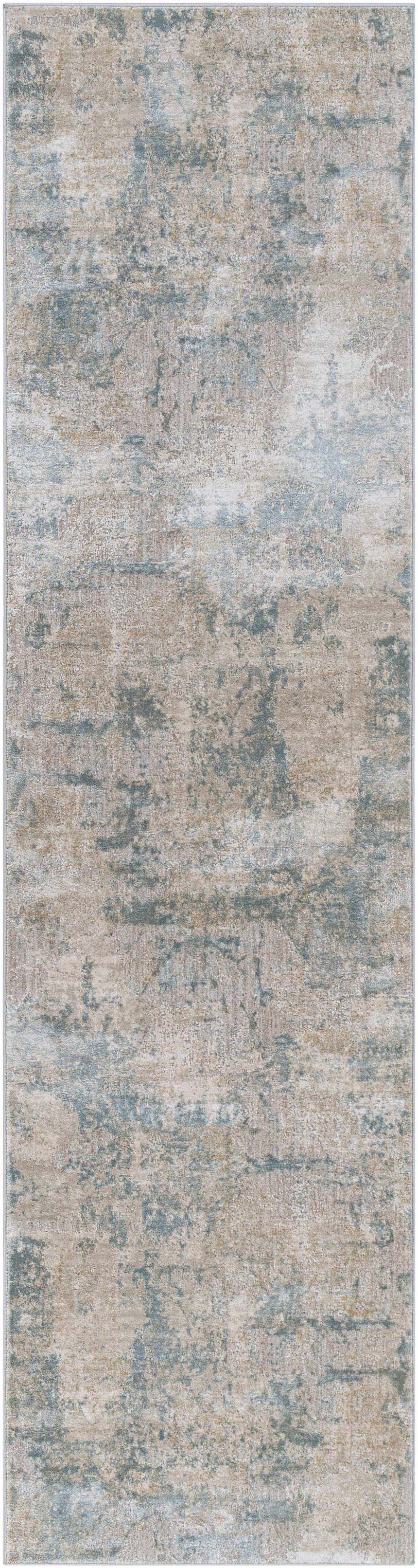 Close-up of the Pialba Thick Luxe Abstract Smokey Rug. Features a blend of dusty sage, light blue, and taupe in an abstract pattern. Design-Runner-2710