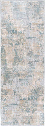 Close-up of the Pialba Thick Luxe Abstract Smokey Rug. Features dusty sage, light blue, taupe, and white hues. Design-Runner-2773
