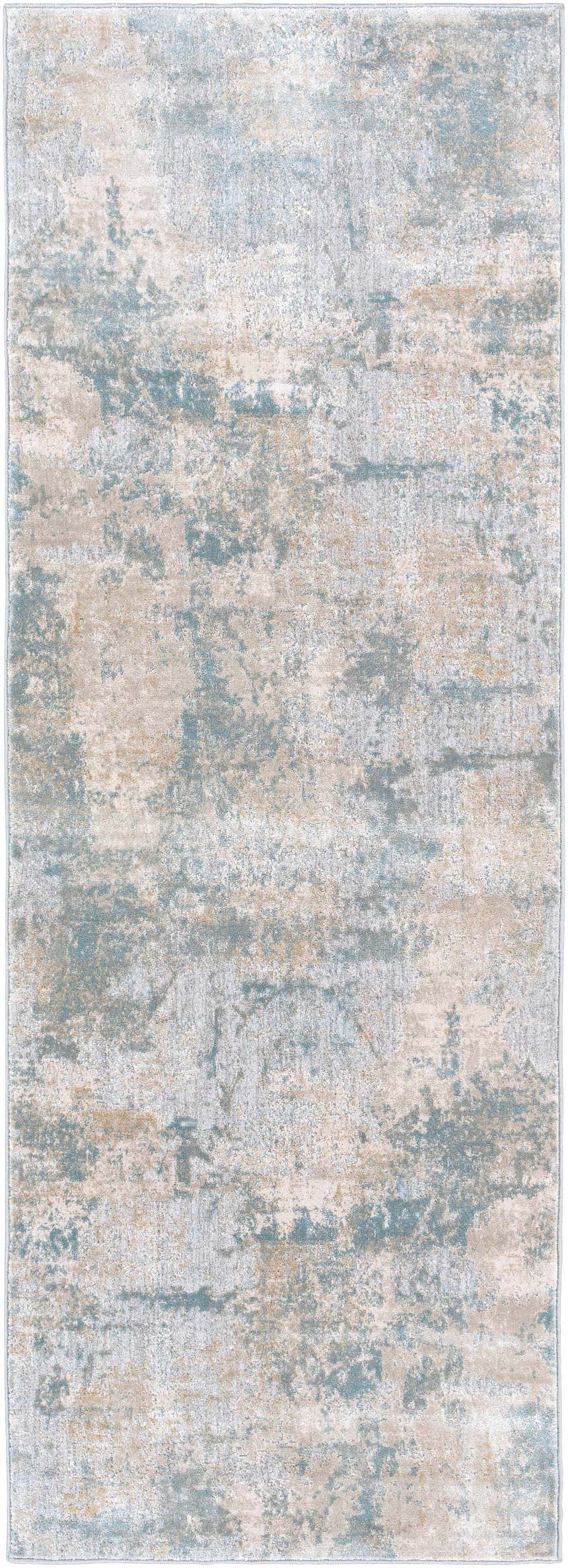Close-up of the Pialba Thick Luxe Abstract Smokey Rug. Features dusty sage, light blue, taupe, and white hues. Design-Runner-2773