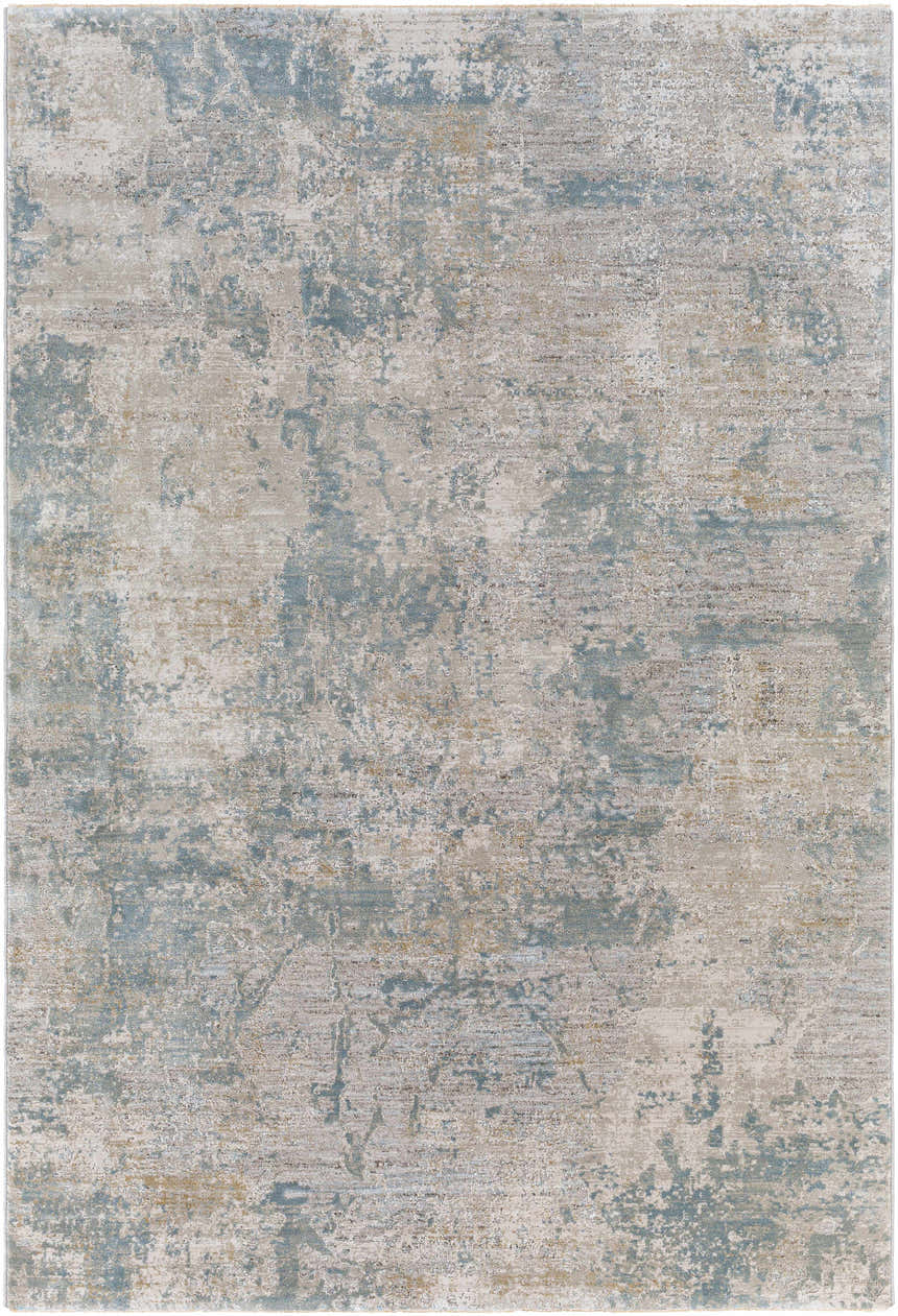 Close-up of Pialba Thick Luxe Abstract Smokey Rug. Abstract design in dusty sage, light blue, taupe, and light gray. Design-Rectangle-575