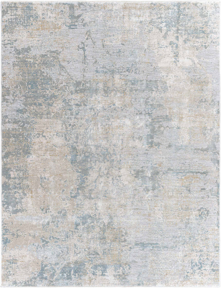 Close-up of the Pialba Thick Luxe Abstract Smokey Rug, featuring a blend of dusty sage, light blue, and taupe colors. Design-Rectangle-710103