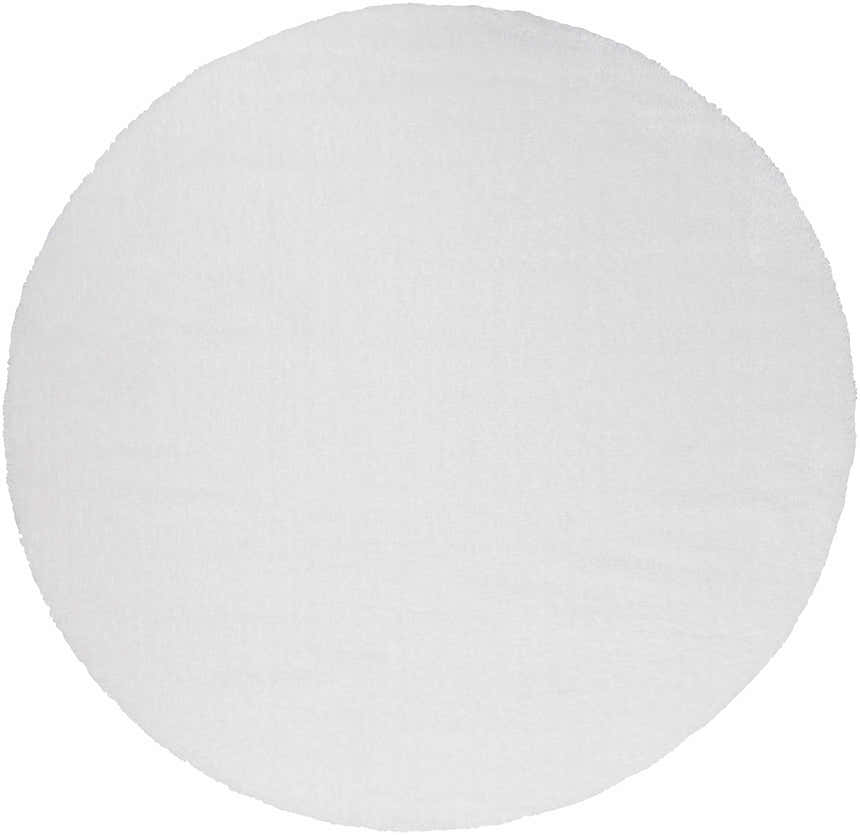 Close-up of a round, white, shag Piedmont Area Rug. Soft, fluffy texture. Contemporary style. Design-Round-710