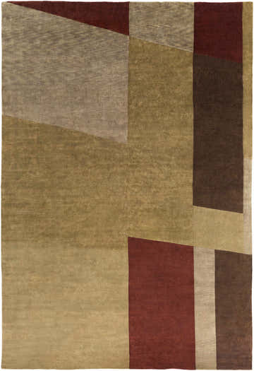Abstract design of the Piedra Premium Wool Area Carpet in beachhouse, beige, peach, tan, and walnut hues. Design-Rectangle