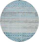 Close-up of a round Pinamopoan Washable Area Rug. Features a contemporary geometric pattern in light blue, ink blue, and light gray. Design-Round-67