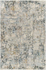 Close-up of the Pinjarra Luxe Rug. Contemporary design in charcoal, cream, blue, gray, and tan tones. Machine woven polyester. Design-Rectangle-575