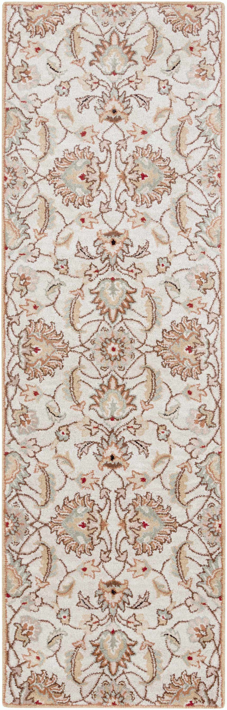 Close-up of the Pirtleville Area Rug. Hand-tufted wool rug with a traditional floral pattern in tan, brown, and blush tones. Design-Runner-268