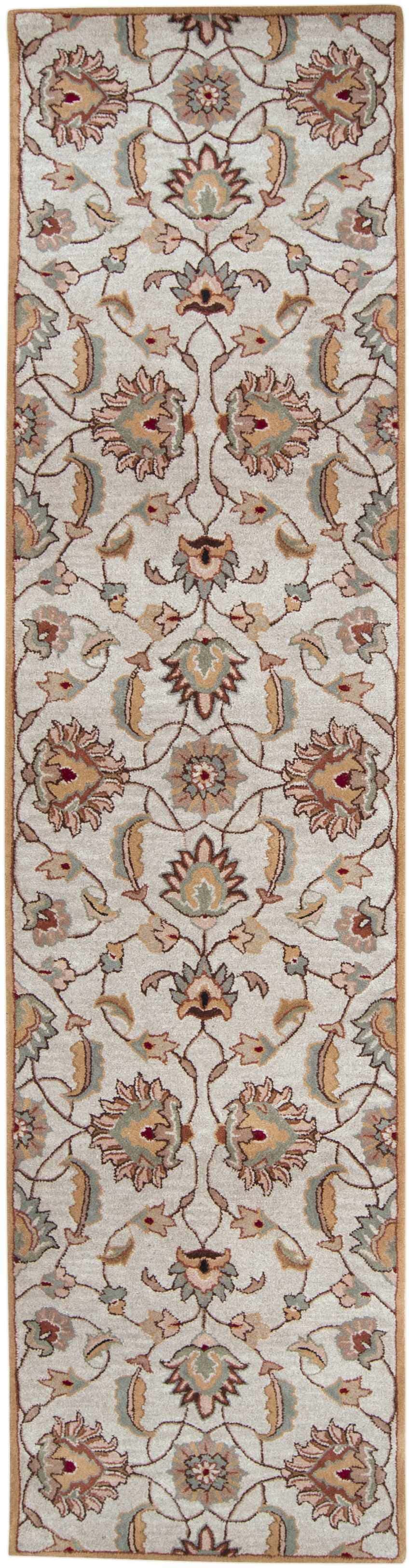 Close-up of the Pirtleville Area Rug. Hand-tufted wool rug with a traditional floral pattern in tan, blush, and sage. Design-Runner-312