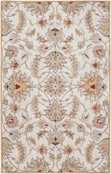 Close-up of the hand-tufted Pirtleville Area Rug. Floral design in black, blush, red, brown, sage, gray, rust, and tan wool. Design-Rectangle-58
