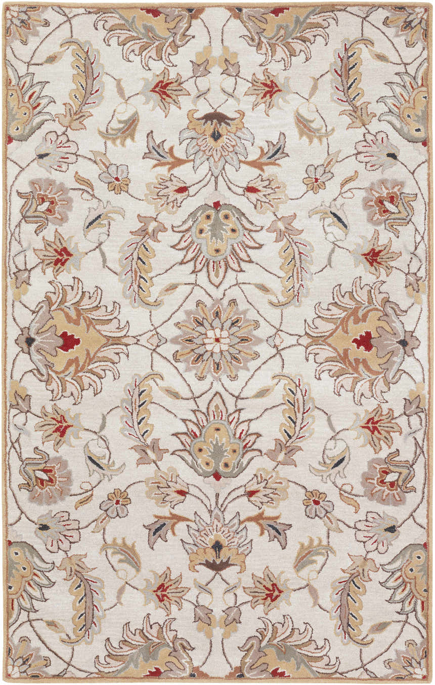 Close-up of the hand-tufted Pirtleville Area Rug. Floral design in black, blush, red, brown, sage, gray, rust, and tan wool. Design-Rectangle-58