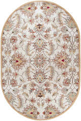 Oval Pirtleville Area Rug. Hand-tufted wool rug with a traditional floral pattern in blush, tan, and slate on a cream background. Design-Oval-69