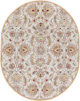 Oval Pirtleville Area Rug close-up. Floral pattern in blush, brick red, and sage on a tan wool rug. Design-Oval-810