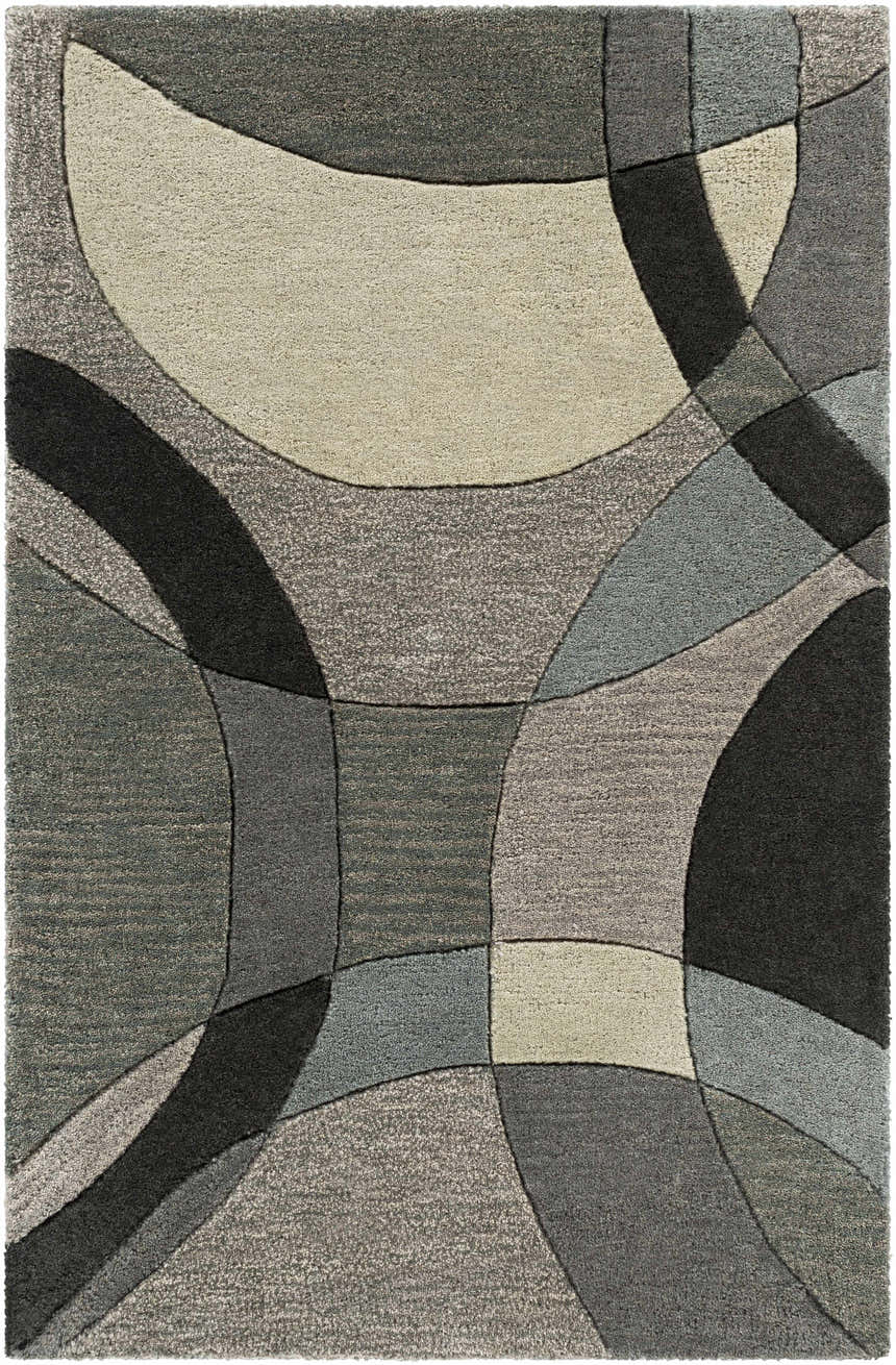 Close-up of Rilton Gray Wool Carpet featuring a contemporary abstract pattern in black, charcoal, gray, taupe, and teal. Design-Rectangle-23