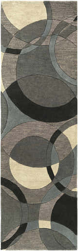 Close-up of the Rilton Gray Wool Carpet featuring a contemporary geometric pattern in black, charcoal, gray, taupe, and teal. Design-Runner-268