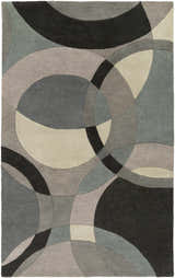 Close-up of the Rilton Gray Wool Carpet featuring a contemporary geometric pattern in black, charcoal, gray, taupe, and teal. Design-Rectangle-58
