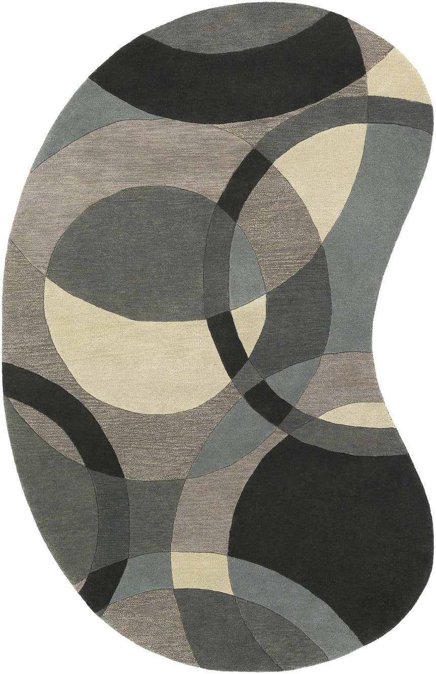 Close-up of a Rilton Gray Wool Carpet featuring a modern geometric pattern in black, charcoal, gray, taupe, and teal. Design-Custom