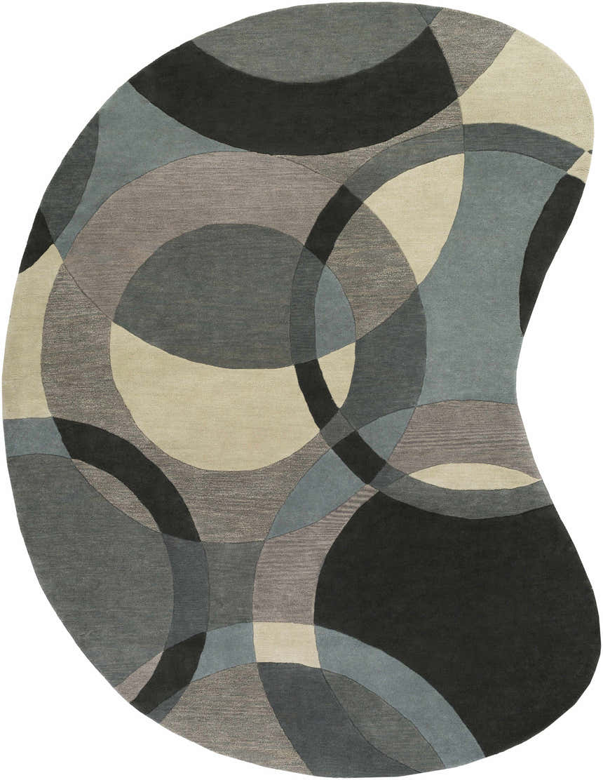 Abstract Rilton Gray Wool Carpet with black, charcoal, gray, taupe, and teal geometric design. Design-Custom