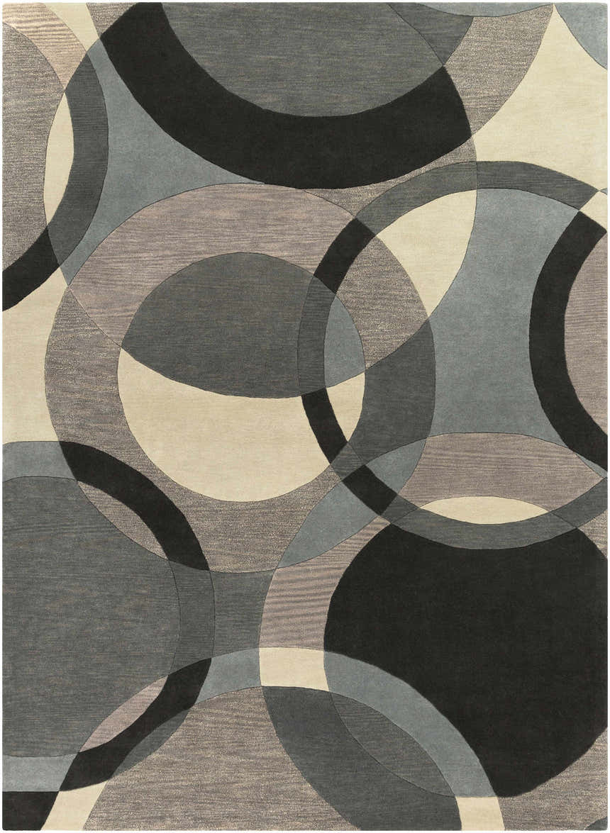Close-up of the Rilton Gray Wool Carpet featuring a contemporary geometric pattern of overlapping circles in black, gray, taupe, and teal. Design-Rectangle-811