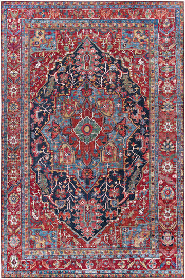 Close-up of the Pauline Red Medallion Performance Rug, featuring burgundy, cream, and navy colors in an oriental pattern. Design-Rectangle-576