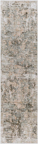 Close-up of the Palanit Thick Luxe Boutique Rug, featuring a distressed pattern in shades of gray, beige, and teal. Design-Runner-2710
