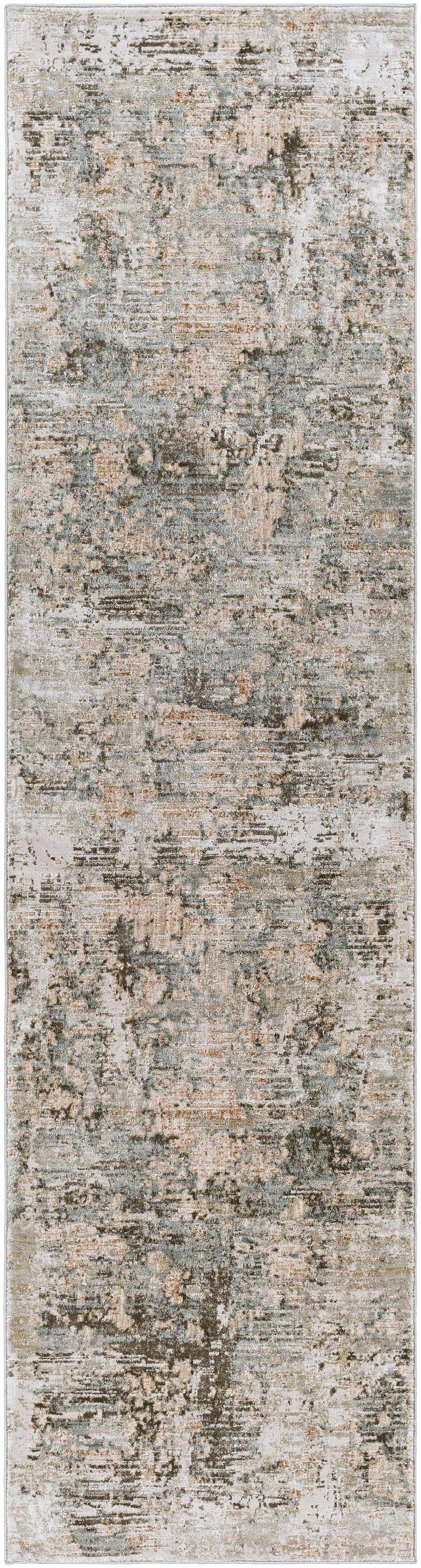 Close-up of the Palanit Thick Luxe Boutique Rug, featuring a distressed pattern in shades of gray, beige, and teal. Design-Runner-2710
