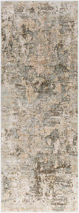 Close-up of Palanit Thick Luxe Boutique Rug. Contemporary design in light beige, gray, teal, and olive tones. Design-Runner-2773