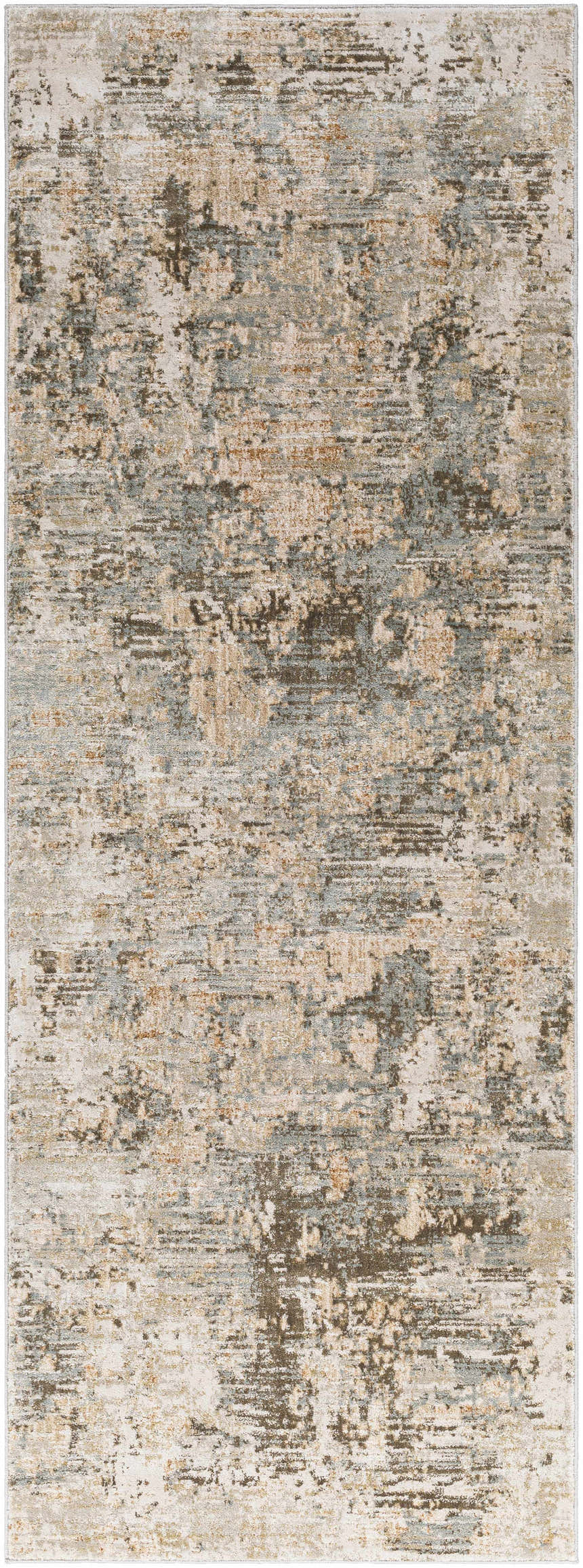 Close-up of Palanit Thick Luxe Boutique Rug. Contemporary design in light beige, gray, teal, and olive tones. Design-Runner-2773