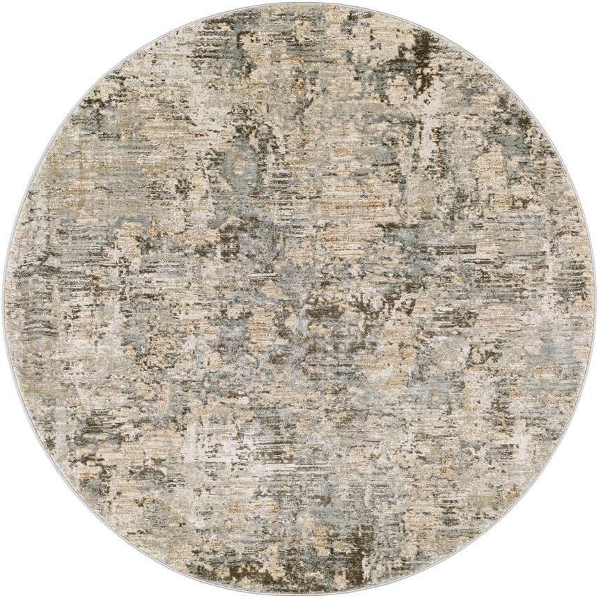 Round Palanit Thick Luxe Boutique Rug with a contemporary abstract design in light beige, gray, olive, and taupe. Design-Round-53