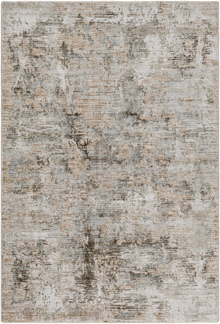 Close-up of the Palanit Thick Luxe Boutique Rug. Abstract design in light beige, gray, taupe, and charcoal colors. Design-Rectangle-575