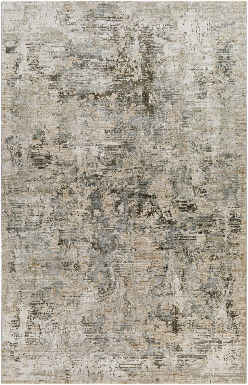 Close-up of Palanit Thick Luxe Boutique Rug. Abstract design in light beige, gray, charcoal, and taupe tones. Design-Rectangle-6796