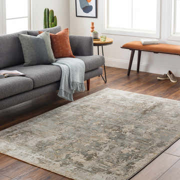 Living room scene with a gray sofa and Palanit Thick Luxe Boutique Rug in light beige, gray, and olive tones on a wood floor. Roomscene-Rectangle