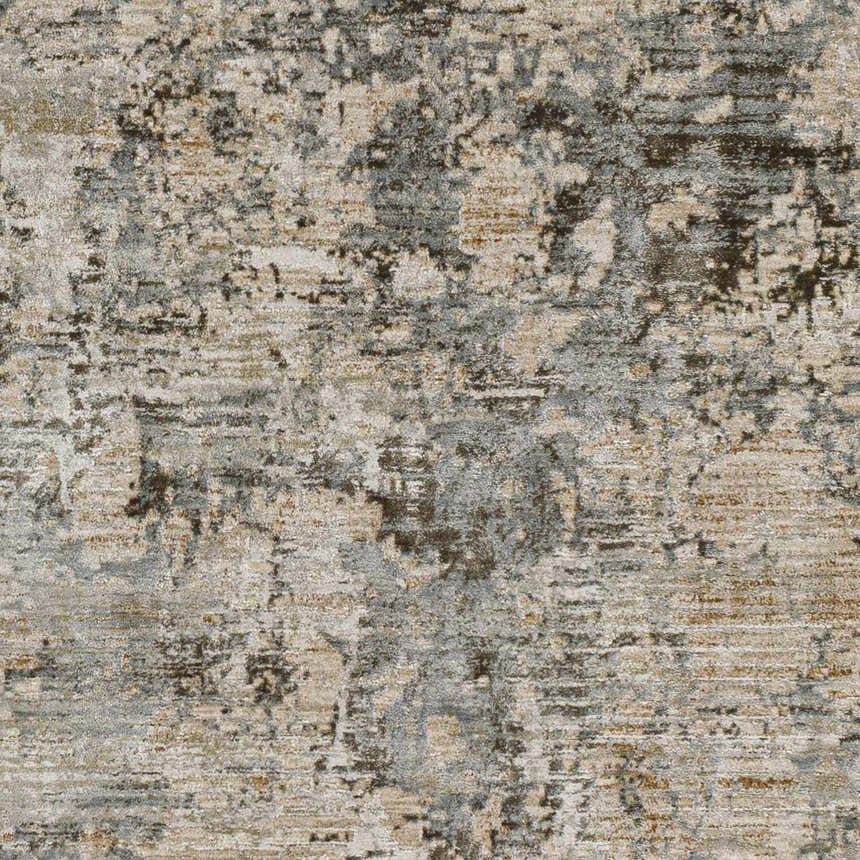 Close-up of the Palanit Thick Luxe Boutique Rug. Abstract design in shades of beige, gray, and charcoal. Soft, textured pile. Swatch