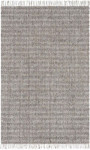 Close-up of the hand-loomed Poolesville Area Rug. Neutral gray and white tones with a subtle, textured weave and fringed edges. Design-Rectangle-576