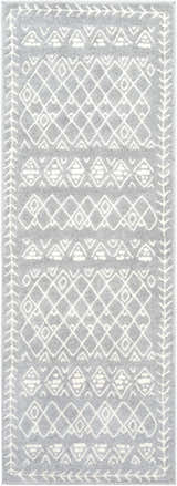 Close-up of the Plumsteadville Area Rug. Cream and slate geometric pattern with a farmhouse style border. Design-Runner-2773