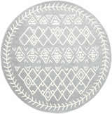 Close-up of the round Plumsteadville Area Rug in cream and slate, featuring a geometric pattern and leafy border. Design-Round-710