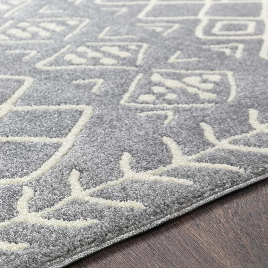 Close-up of the Plumsteadville Area Rug. Cream geometric pattern on slate gray, machine-woven polypropylene. Farmhouse style. Texture