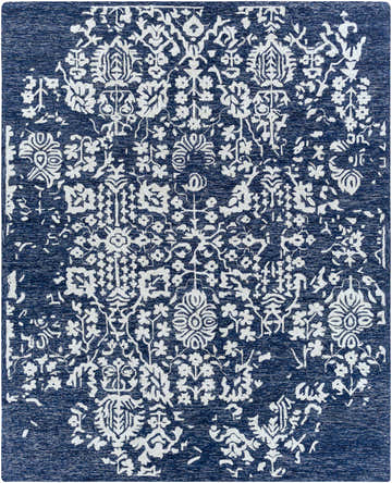 Close-up of the Poole Navy Wool Area Carpet featuring a traditional floral pattern in navy blue and beige. Design-Rectangle-810