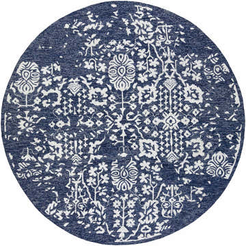 Close-up of round Poole Navy Wool Area Carpet with a beige floral pattern on a navy background. Design-Round-8