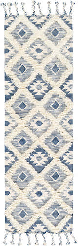 Painesdale Blue/White Wool Carpet close-up. Bohemian rug with diamond pattern and fringe tassels. Hand woven texture. Design-Runner-268