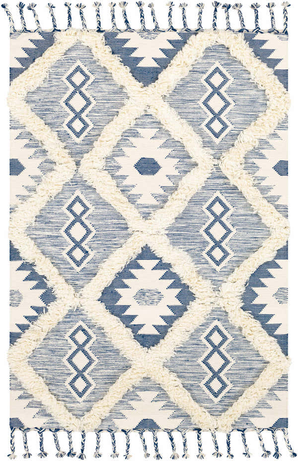Close-up of Painesdale Blue/White wool rug. Bohemian style with diamond pattern and ivory shag accents and tassels. Design-Rectangle-576