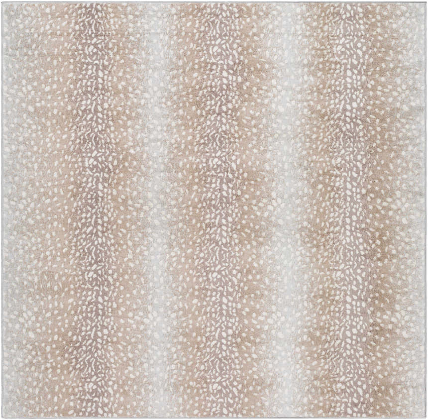 Close-up of Pointblank Tan Leopard Print Rug. Animal print rug in gray, ivory, light slate, and tan. Machine woven polypropylene. Design-Square-67