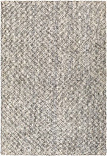 Close-up of the hand-loomed Pantubig Area Rug. Contemporary design in charcoal, gray, ivory, and beige. Wool and viscose blend. Design-Rectangle-576