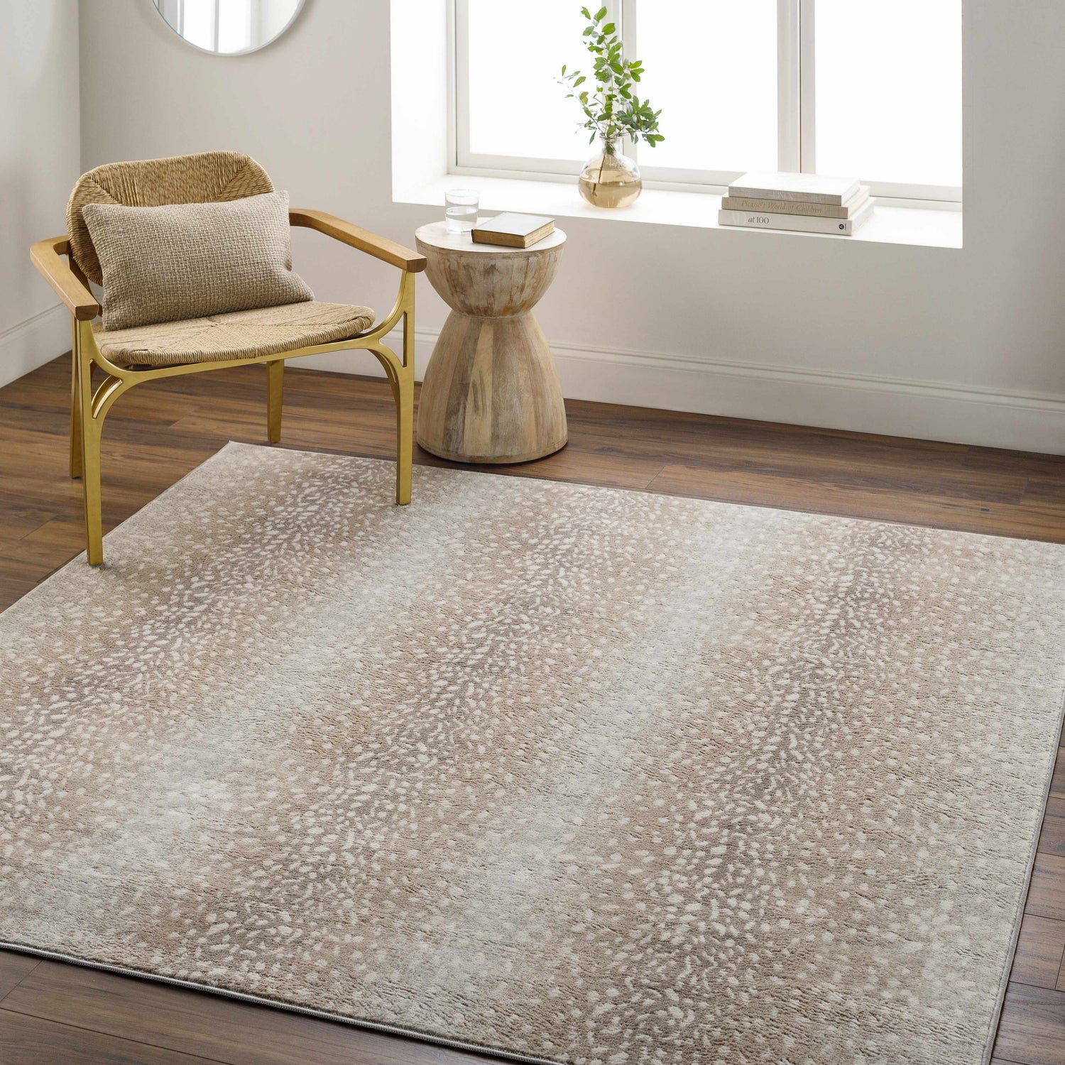 Living room scene with Pointblank Tan Leopard Print Rug, woven chair, and wood side table. Roomscene-Square
