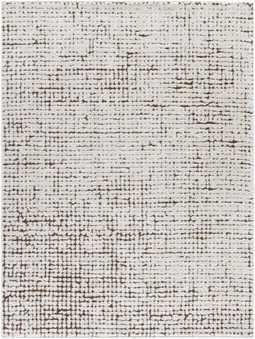 Close-up of Cascade Minimalist Rug featuring an ivory base with a dark red and medium brown grid pattern. Design-Rectangle-537