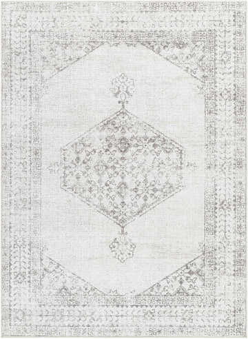 Close-up of PNW Home Olympic Updated Traditional Area Rug. Medium gray farmhouse rug with a vintage, distressed traditional pattern. Design-Rectangle-537