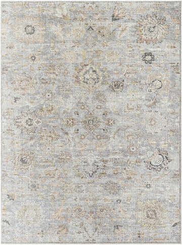 Close-up of the Livabliss x Our PNW Home Olympic Damask Gray Rug. Traditional damask pattern in gray, beige, brown, and black tones. Design-Rectangle-537