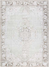 Close-up of Livabliss x Our PNW Home Rainier Medallion Gray Washable Rug. Traditional medallion pattern, medium gray color. Design-Rectangle-5373