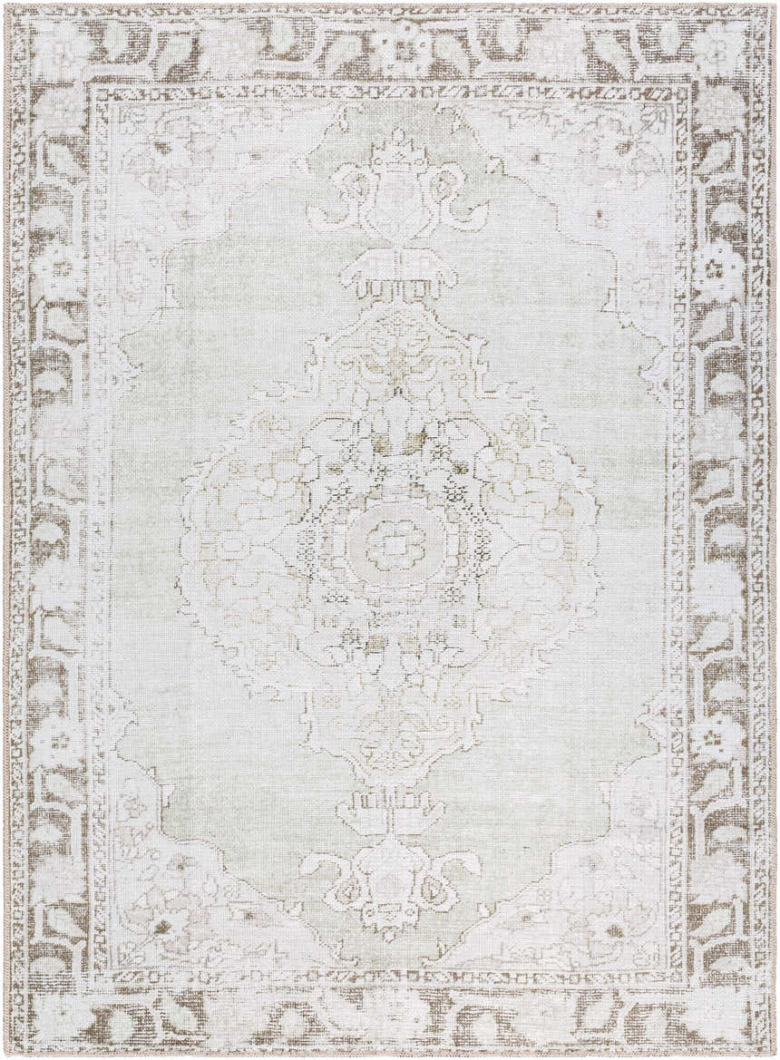 Close-up of Livabliss x Our PNW Home Rainier Medallion Gray Washable Rug. Traditional medallion pattern, medium gray color. Design-Rectangle-5373
