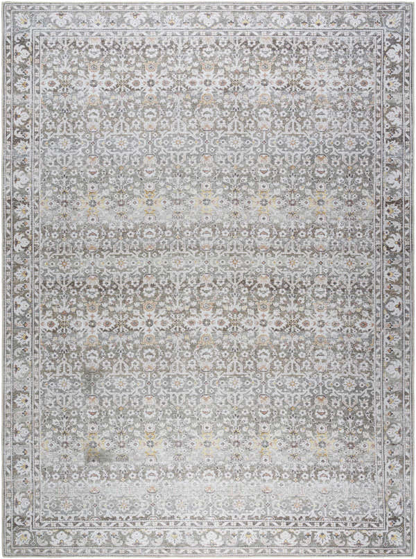 Detailed view of the PNW Home Rainier Damask Brown Washable Rug, featuring a traditional brown and red floral pattern. Design-Rectangle-810