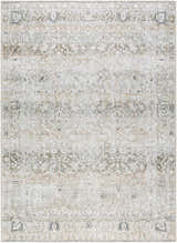 Close-up of the PNW Home Rainier Damask Light Brown Washable Rug, featuring a traditional, light brown and tan pattern. Design-Rectangle-5373